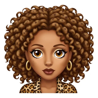 Melanie Brown with brown curls wearing leopard print and sneering sticker