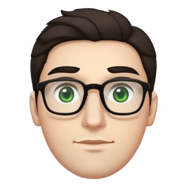 young man with pale skin, larger face, bigger nose, thick dark eyebrows, dark tall voluminous slightly wavy hair styled up high on head but not curly, wearing glasses with green eyes and very light stubble, with a slight smile sticker