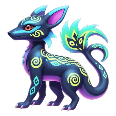 Colorful Neon Exotic Salandit-Aurorus-Umbreon-Fakémon-hybrid-creature (full body) with iridescent tribal markings sticker