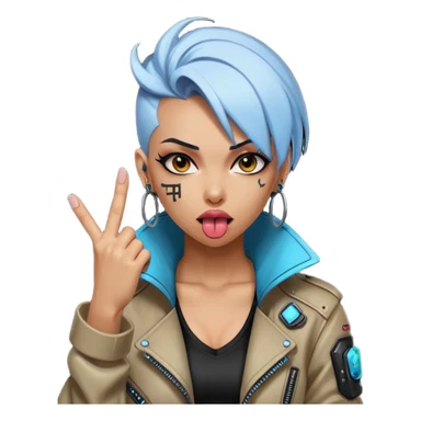 Woman with her tongue out in cyberpunk clothing and giving the middle finger. Looking naughty. sticker