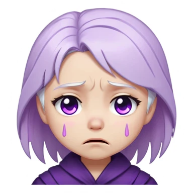 Chibi Sable Ward crying, teary eyes, pouty mouth, tears falling, white hair with purple streaks, fully purple eyes, sad expression sticker