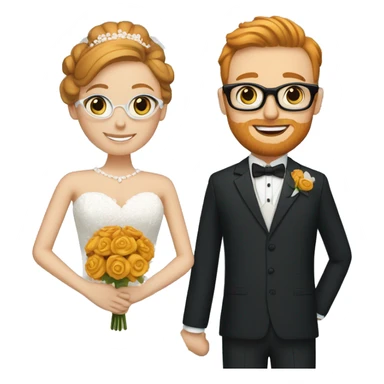 A bride and groom. Bride has dark blonde hair in a bun, blue eyes, wears a lace dress. Groom has ginger hair, wears black glasses, and a dark blue suit sticker