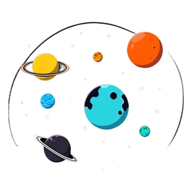 Bright planets and stars floating, white background, high saturation, colorful sticker