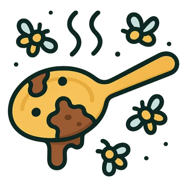 Add flies buzzing around the very dirty, used spoon with foul odor vapors. Maintain icon style with clear lines and a simple color palette. Preserve transparent background. sticker