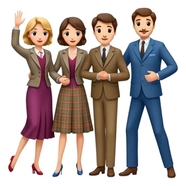 A theater set containing three couples, a suit and dress pair, a philosophy professor and dance teacher, and a young French couple sticker