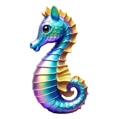 Cinematic Realistic Cute Sea Horse Portrait Emoji, Head tilted playfully and inquisitively, featuring a delicate, curvaceous form with intricately rendered, iridescent scales and a charming, expressive face with round, sparkling eyes full of gentle curiosity, high shine, affectionate and whimsical, styled with a touch of aquatic magic, soft glowing outline, capturing the essence of a mischievous yet lovable sea horse that seems poised to flutter out of the screen into your embrace! sticker