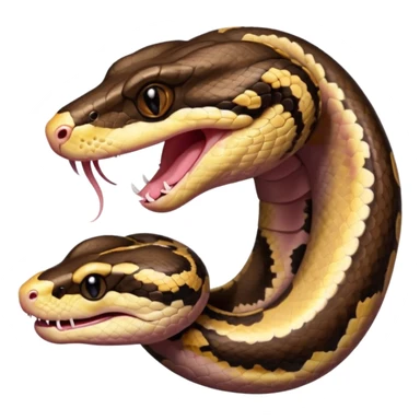 A photo-realistic digital illustration of a Ball Python, large headshot portrait. The snake has a short, rounded snout, smooth contours, and a wide, slow yawn exposing its soft pink mouth. Its head is warm brown with bold, irregular dark markings, including the signature “alien-head” pattern. sticker
