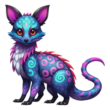 Rare neon iridescent white exotic cute epic aesthetic gothic colorful Salandit-Eevee-Civet-species-Fakemon-hybrid-creature, with intricate tattoo markings, full body sticker