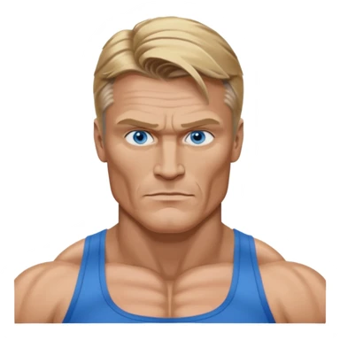 Dolph Lundgren with blue eyes, dark blonde hair, muscle body sticker
