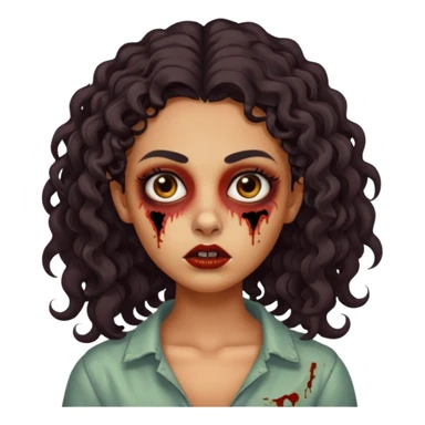Create a zombie emoji inspired by a young woman with tanned skin, an oval face, large dark eyes, defined eyebrows, a small nose, and medium lips. Her hair should be long, curly, and dark.  sticker
