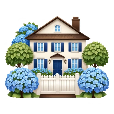 Brown house, white shutters, white fence, blue hydrangeas all over sticker