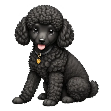 cinematic-[poodle]-realistic-full-body-sitting-emoji,-tail-resting-loosely-beside-its-paws,-head-tilted-dramatically, -curly-[black]-fur,-simplified-yet-realistic-focused-features,-highly-detailed,-glowing-with-an-almost-sarcastic-glow sticker