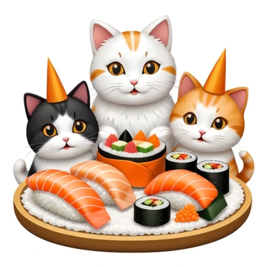 Group of nine cats having sushi at a birthday celebration sticker