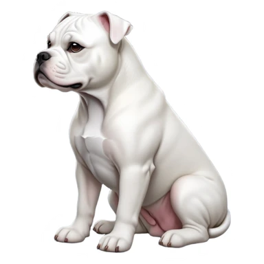 cinematic-[solid white american bulldog]-realistic-full-body-sitting-emoji,-tail-resting-loosely-beside-its-paws,-head-tilted-dramatically,-sleek-[solid white]-fur,-simplified-yet-realistic-focused-features,-highly-detailed,-glowing-with-an-almost-sarcastic-glow sticker