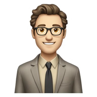 Joyful Full height Pale skinned Fit Man With dark brown hair in gray classic jacket, beige office shirt, Brown pants and vintage glasses. His thrumbs up sticker
