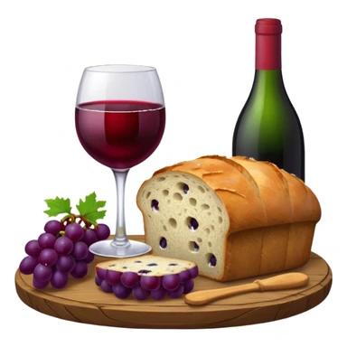 Please make a wine glass with a red cloth, make some grapes and a whole round loaf of bread, and place them on an elegant board. sticker