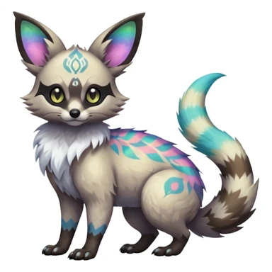 Rare iridescent white exotic epic aesthetic colorful Trico-Eevee-Genet-Civet-species-Fakemon-hybrid-creature, with intricate tattoo markings, full body sticker