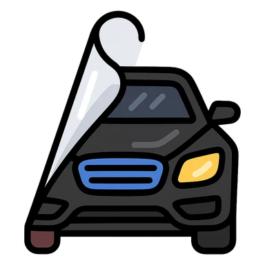 high-end black car icon partially covered by a rolled transparent or light gray film with curved adhesion effect, glossy black main color, modern and clean style, no text sticker