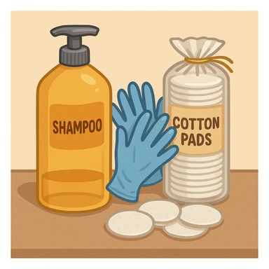 emoji of big (1L) bottle of shampoo, disposable gloves and cotton pads (for makeup) are standing on a table, products look like its always running out, and bran labels to them, make quantity bigger , and i want to see more disposable products sticker