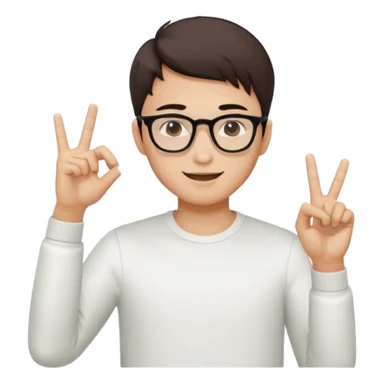 young Asian man with cool brown short hair, wearing black framed glasses, a white top, making an OK gesture with his right hand, and smiling confidently sticker