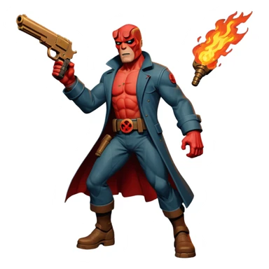cinematic realistic superhero Hellboy by Mike Mignola jumps and shoots with a bronze pistol sticker