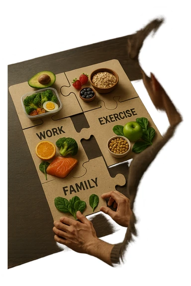 realistica cinematic photo a person is surrounded by puzzle pieces, each representing a different aspect of their life (Lavoro, Esercizio, Famiglia, Relax), and healthy foods are integrated into each piece. The person assembles the puzzle, creating a complete, personalized nutrition plan. The mood is uplifting and creative. in italiano sticker