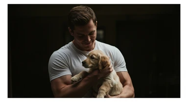 Photo of a musculated man holding puppy golden retriver, low key light sticker