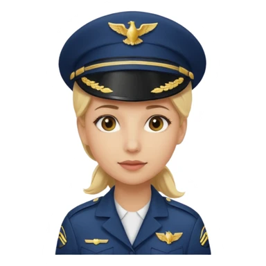 A female pilot with light skin and blonde hair under her cap sticker