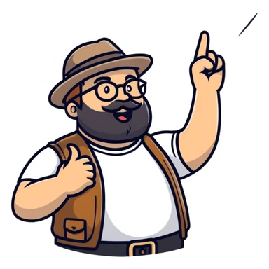 Fat bearded nerd wearing fedora hat pointing up to the sky with finger sticker