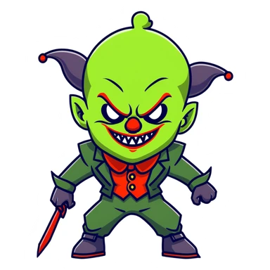 evil clown warrior, bald, short black devil-like horns on forehead, fangs, pointed ears, black and military green leisure suit with bellbottom pants, realistically proportioned, less bulky, full body visible, battle-ready fighting posture sticker
