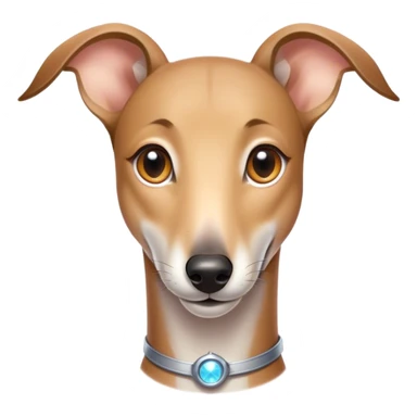 Cinematic Cute Fawn Greyhound Portrait Emoji, Head tilted playfully and inquisitively, featuring a sleek fawn Fur with a gentle sheen, round, sparkling eyes filled with curiosity, Simplified yet irresistibly adorable features, highly detailed, glowing with a warm, friendly glow, high shine, affectionate and nimble, stylized with a touch of whimsy, bright and endearing, soft glowing outline, capturing the essence of a mischievous yet loving racer, so playful it feels like it could sprint out of the screen and into your arms! sticker