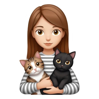tan brown-haired girl holding two cats, one black cat and one grey-striped cat sticker