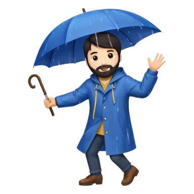 A dark-haired boy with a white beard dancing with an umbrella in the rain sticker