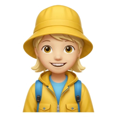 Little student wears yellow bucket hat and jacket, backpack, happy sticker