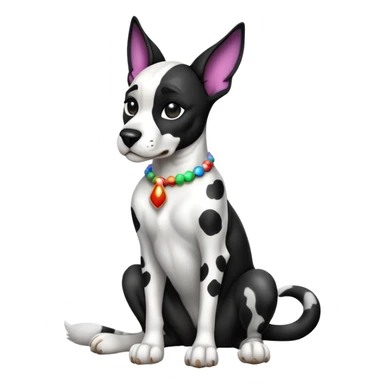 cinematic-[harlequin dane]-realistic-full-body-sitting-emoji,-tail-resting-loosely-beside-its-paws,-head-tilted-dramatically, ears drooped, -sleek-[black and white]-fur,-simplified-yet-realistic-focused-features,-highly-detailed,-glowing-with-an-almost-sarcastic-glow sticker