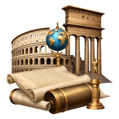 An icon featuring an ancient scroll, a quill pen, and a globe, surrounded by famous historical landmarks and statues of notable figures, like the Colosseum or Napoleon. The design symbolizes the exploration of history through monuments and people. Transparent background highlights the past sticker