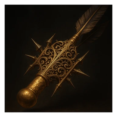 A hyper-detailed, luxurious arrow: gold-wrapped, rounded blunt tip, intricate filigree on the shaft, surrounded by sharp spikes. Cinematic lighting, dark background, fantasy illustration. sticker