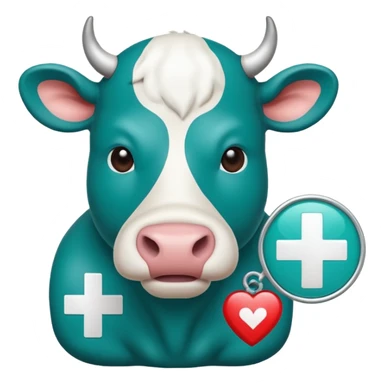 Emoji-style icon of a cow and buffalo with a medical cross and warning pulse or health indicator, showing disease detection. Simple emoji design, teal and white theme, no text, transparent background. sticker