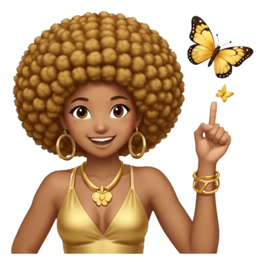 Brown skin girl with gold hoops and a Afro with butterflies wearing a gold ring smiling with her right fist balled up in a fist in the air  sticker