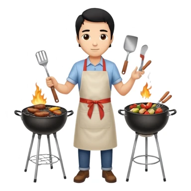 man cooking barbecue full-body black hair light brown skin sticker