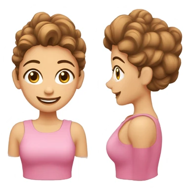 mujer con pelo castaño ondulado, ojos marrones, ambo rosa, sonriendo, brazos cruzados sticker