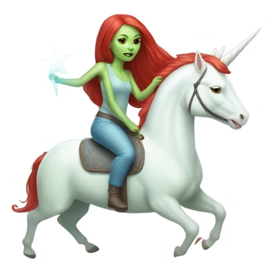 [politically incorrect
	{ woman: alien, color: light green, hair:red, eyes:cat} ]
	on a 
	[{ unicorn: white, legged:four, mane: light blue }] sticker