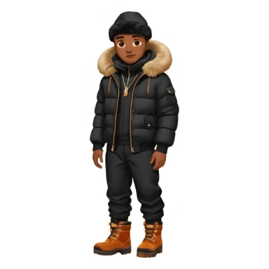 Handsome Black grown man with brown skin tone, wear black joggers, a black bubble coat with a fur brim on the hood, and buckwheat timberland boots sticker