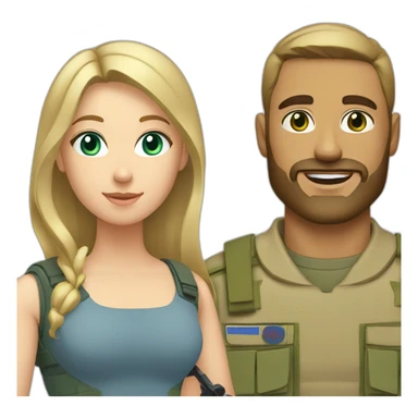 military blonde man with beard, blue eyes with girl who has long light-brown hair and green-grey eyes sticker