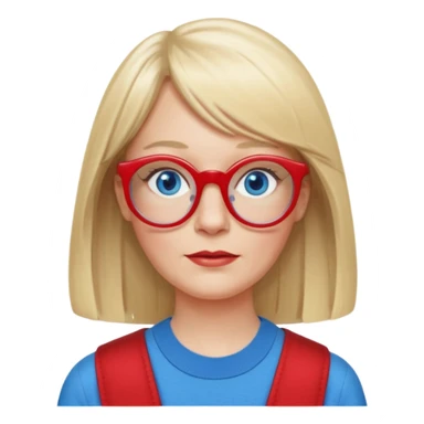 50 yr old white woman, pale skin, long straight blond hair parted in center, blue eyes, bangs, clothes for school, big red glasses, oval face,  sticker