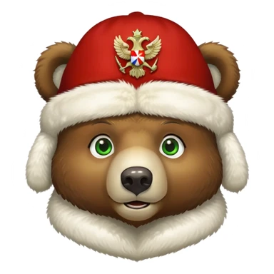 Cute Russian brown bear head with friendly expression and bright green eyes, wearing white furry ushanka hat with realistic double-headed eagle coat of arms centered sticker