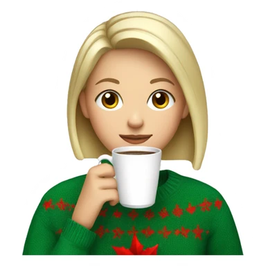 Short haired blonde girl drinking coffee wearing Christmas sweater sticker