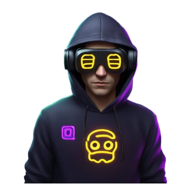 Russian man wearing a black hoodie with "OMG" letters on it and VR headset in a cyberpunk VR environment with violet neon lighting. sticker