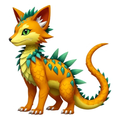Kawaii cute reddish orangish yellowish greenish exotic tribal beautiful pretty elegant divine edgy feline-vernid-sergal-Fakémon-Pokémon-Digimon-fursona-animal-creature with accessories, jewelries, full body, with intricate detailed markings, furs, fins, scales, spiny sticker