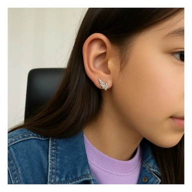 Edit the emoji to depict a 12-13 year old girl. Match the skin and hair color to the reference image provided. Add earrings similar to those in the photo. Dress her in youthful and trendy clothes that are appropriate for her age, avoiding anything too childish. sticker